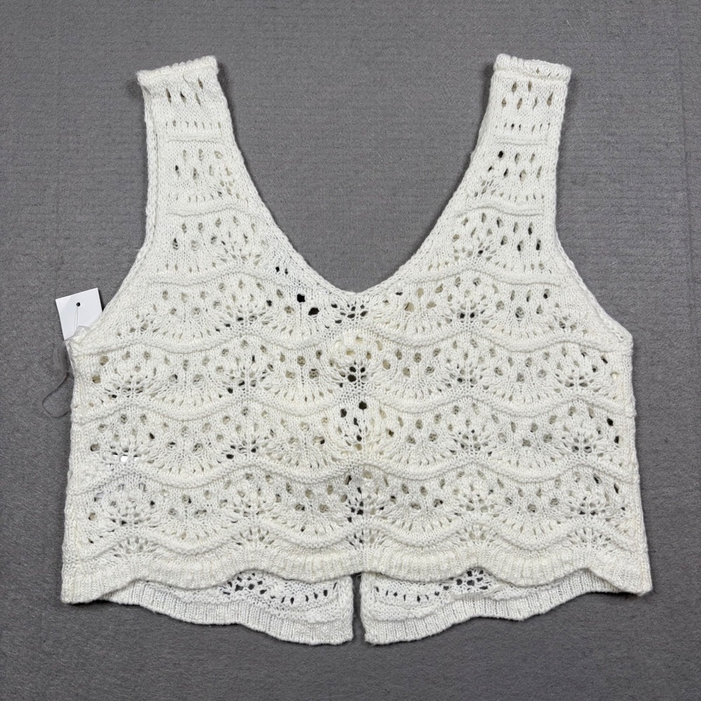 Love Knits Tie Front Chevron Vest‎ White Crochet Knit Boho Sleeveless Small NWT - Picture 2 of 8